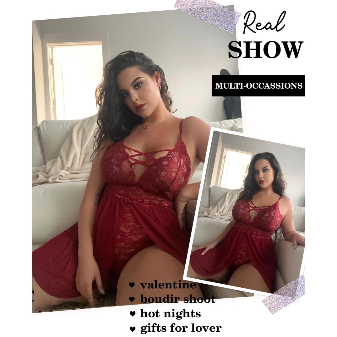 ✨ Plus Size Lace Babydoll – Sexy V-Neck Lingerie with Snap Crotch & Spaghetti Straps