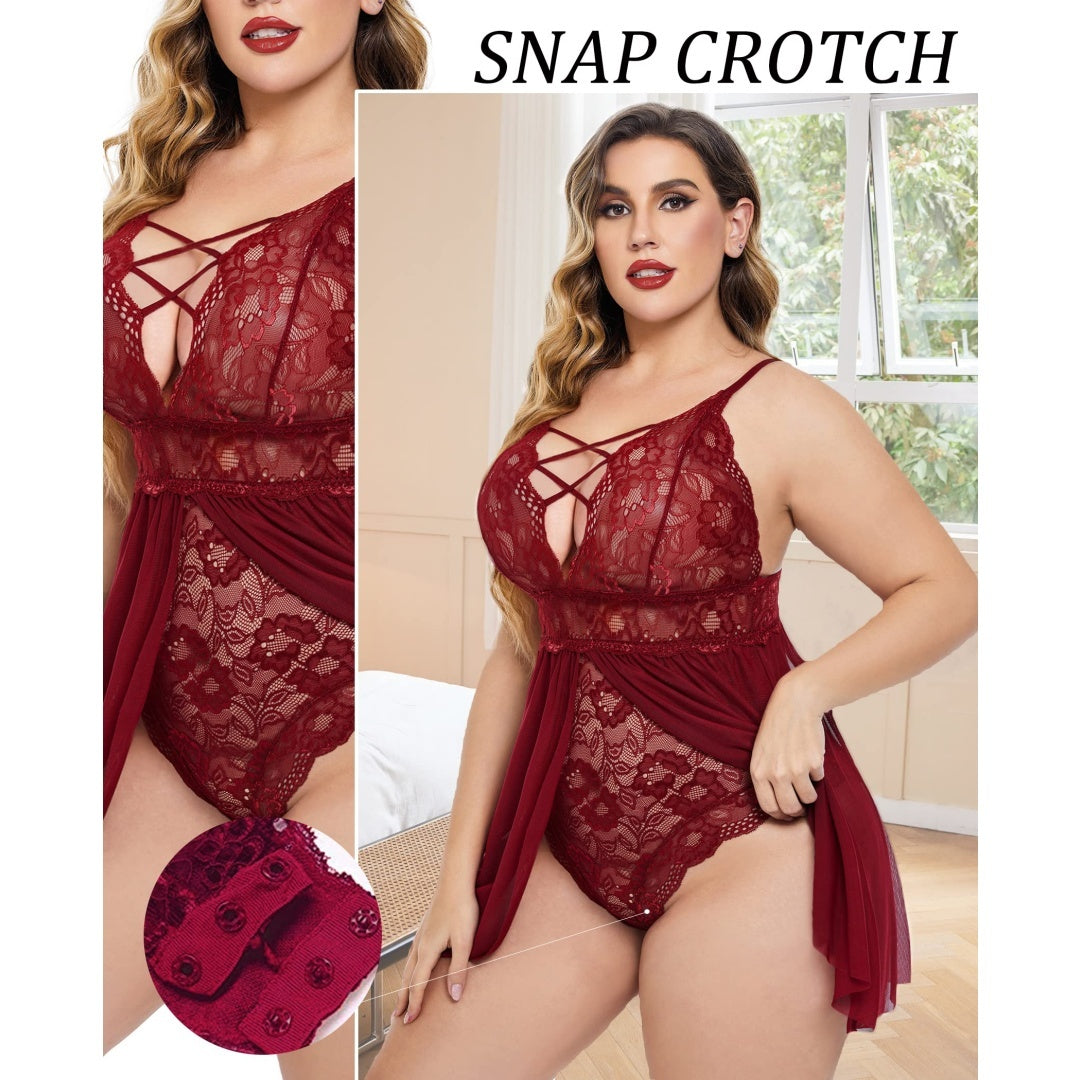 ✨ Plus Size Lace Babydoll – Sexy V-Neck Lingerie with Snap Crotch & Spaghetti Straps