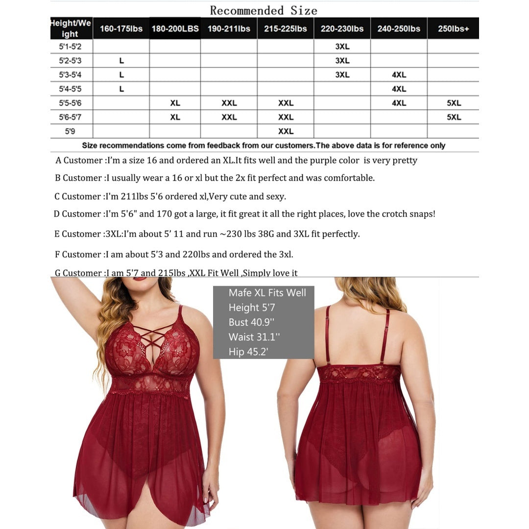 ✨ Plus Size Lace Babydoll – Sexy V-Neck Lingerie with Snap Crotch & Spaghetti Straps