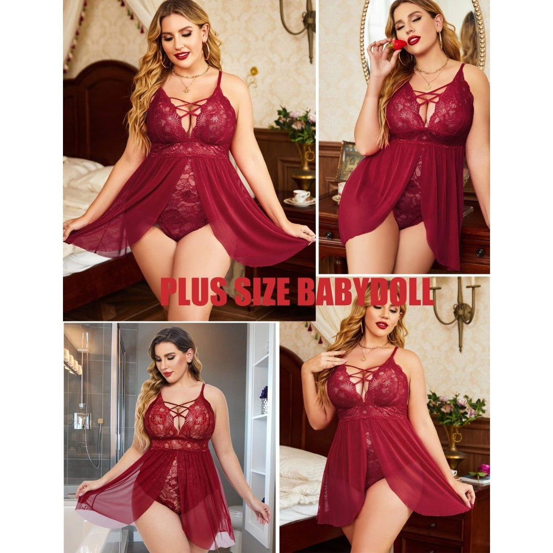 ✨ Plus Size Lace Babydoll – Sexy V-Neck Lingerie with Snap Crotch & Spaghetti Straps